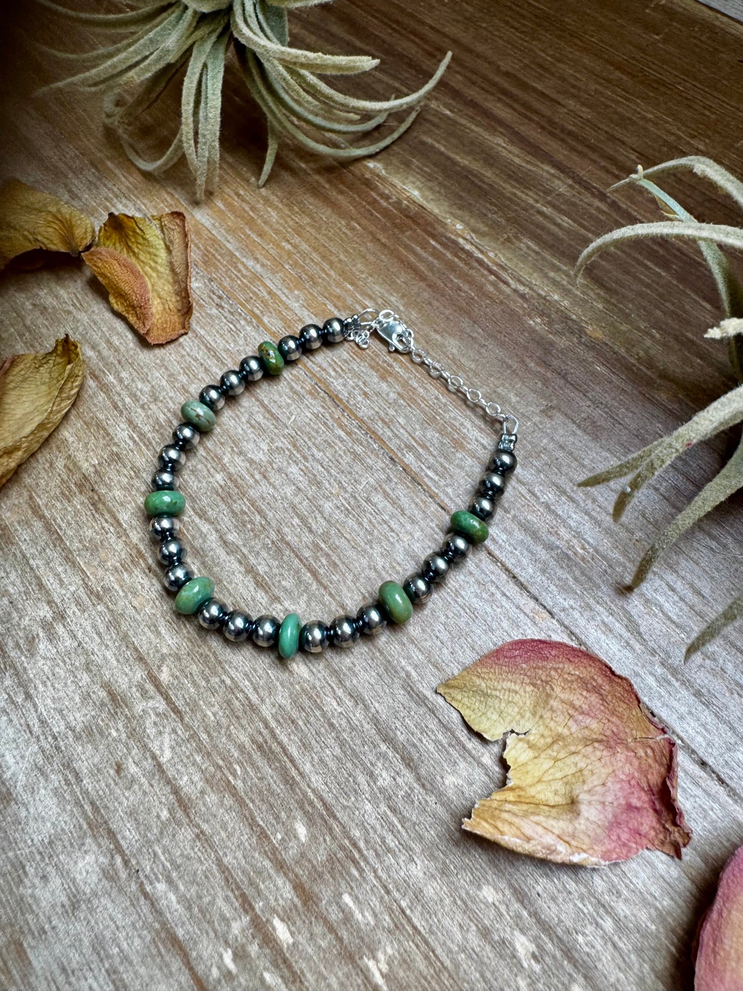 Sterling Silver Pearls with Green Turquoise Rondelles Bracelet
