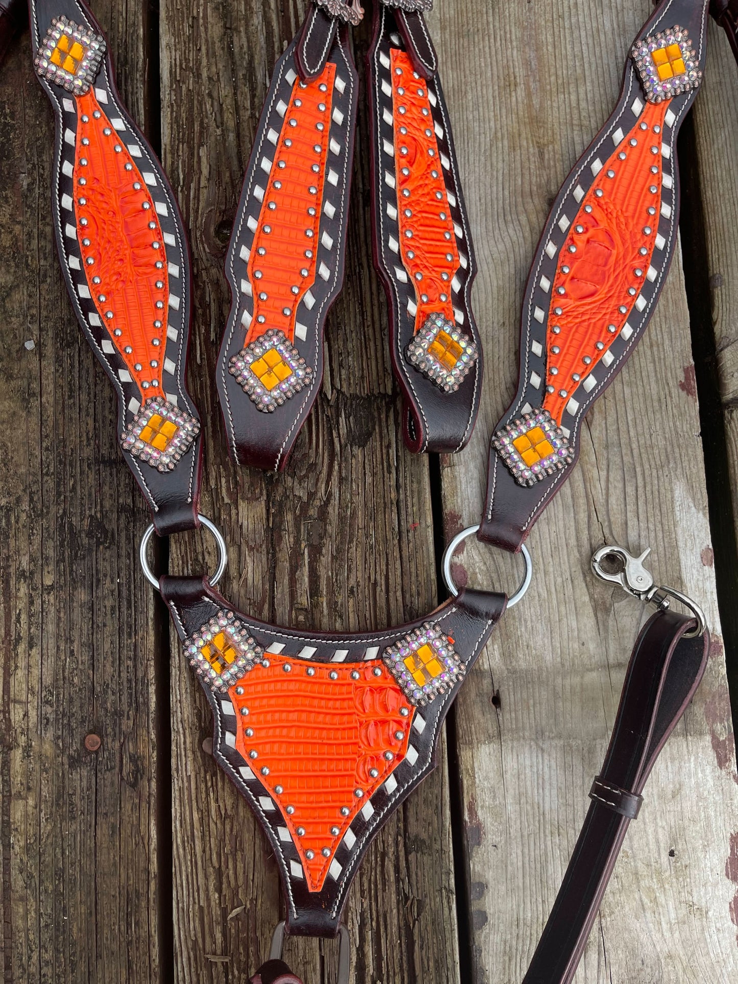 READY TO SHIP Dark brown tack set with vibrant orange accent (BHT002)
