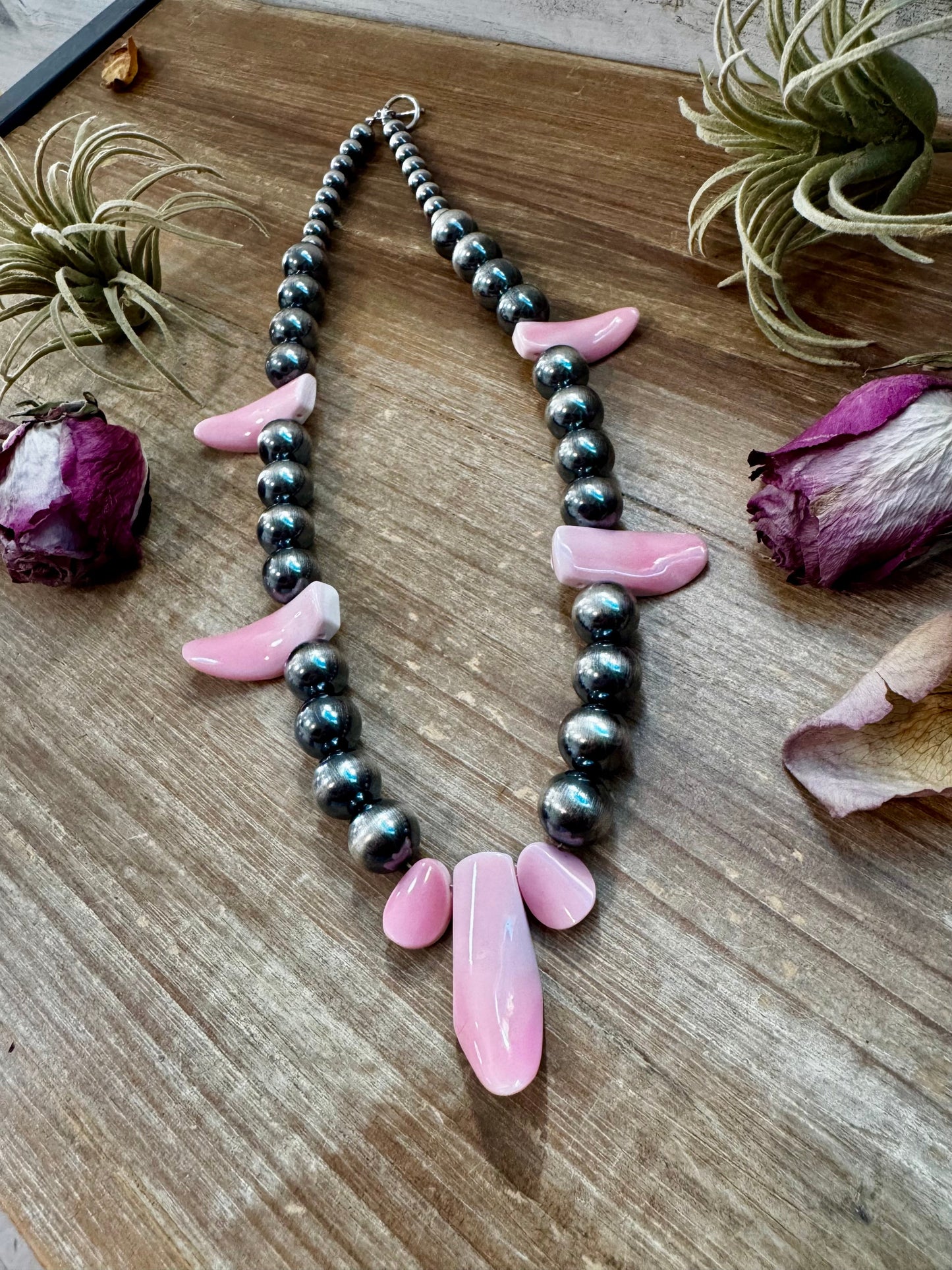 NFR Collection Necklace – 8mm & 14mm Sterling Silver Pearls with Pink Conch Shell – 23"