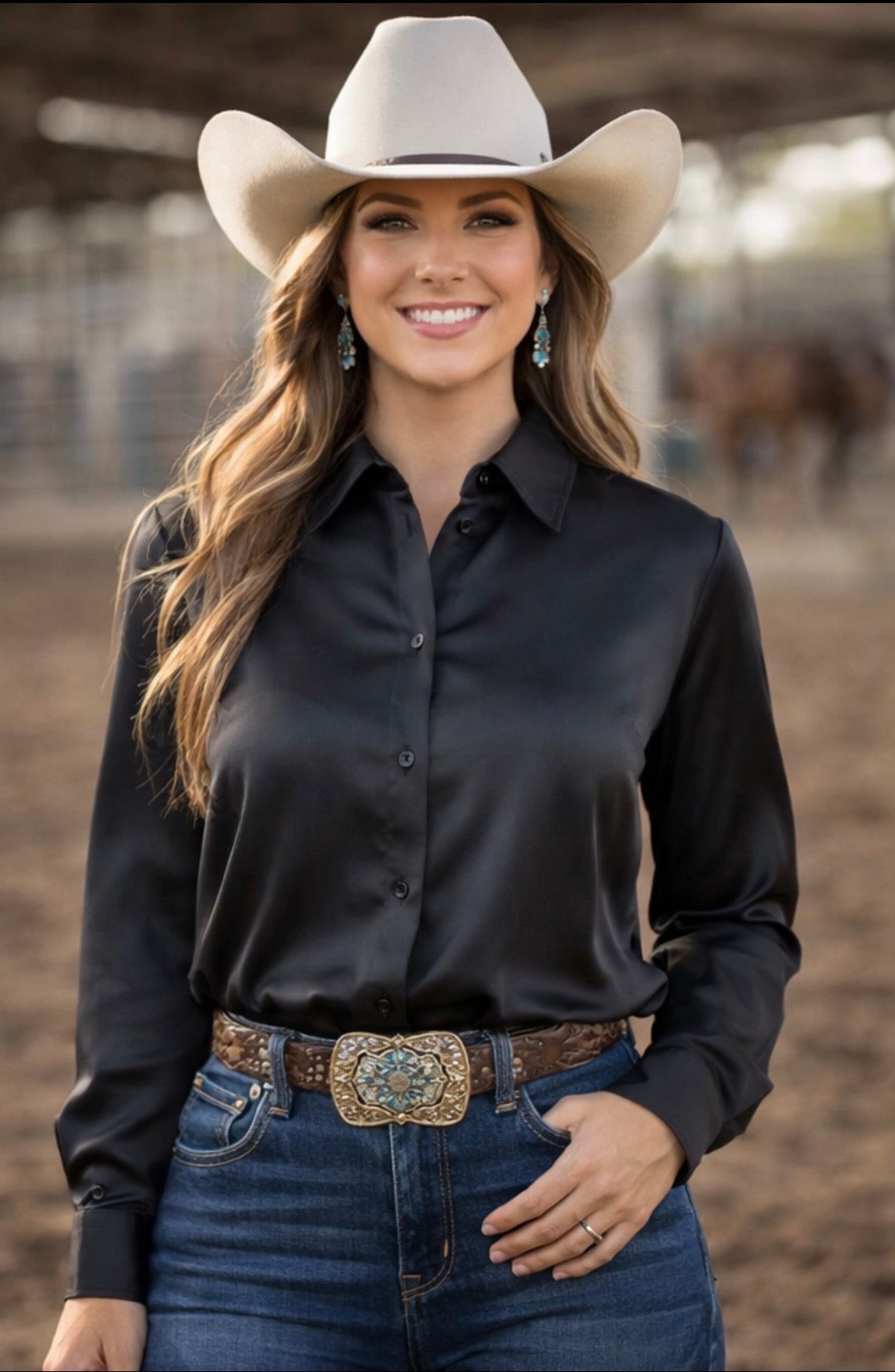 Midnight Glam Bow Button Up Rodeo Shirt -Matte Satin Blouse