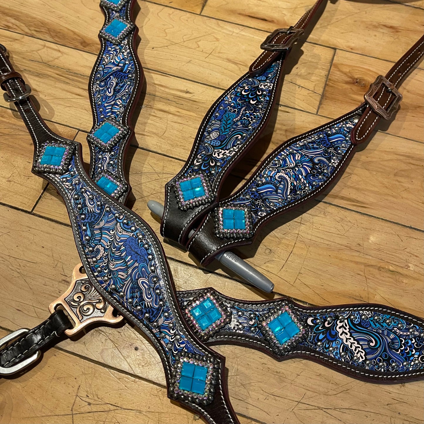 Made to order Navy blue western tack set Headstall breast collar (BHT048)