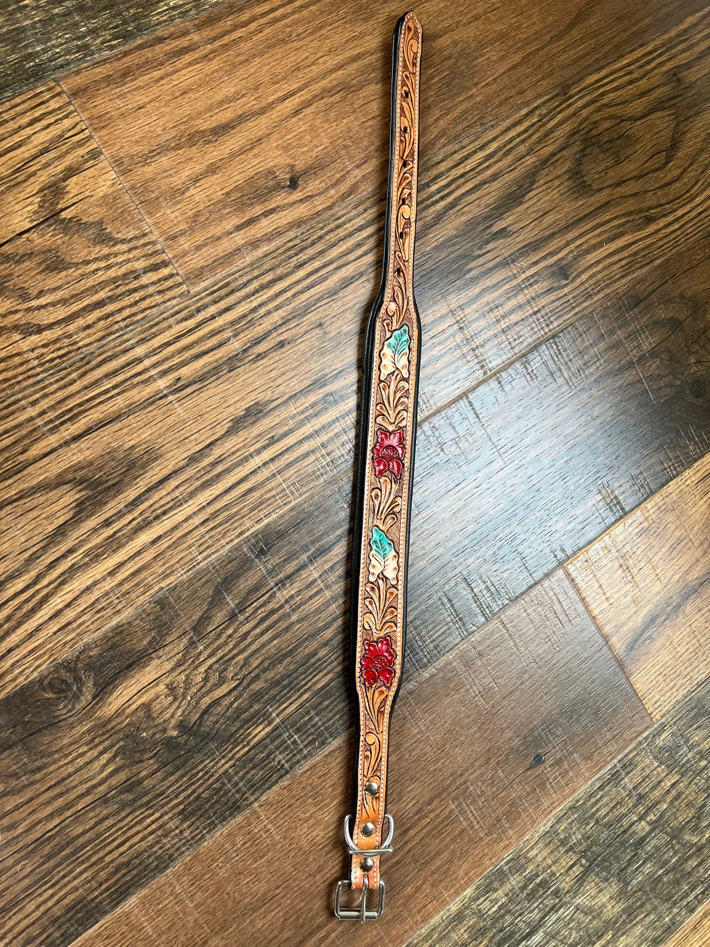 Handcrafted Padded Leather Tooled Dog Collar Red Leaf