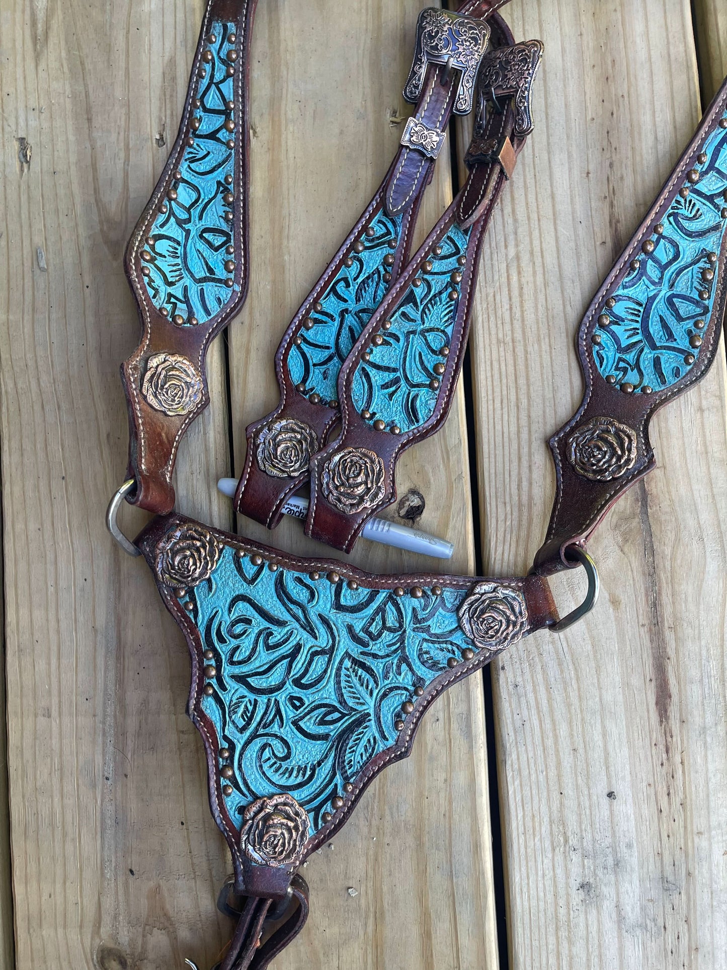 READY TO SHIP Western Tack Set - Blue Tooled (BHT017)