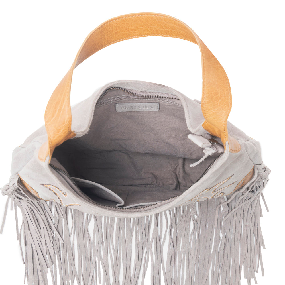 Sage Whisper Fringe Leather Bag in Pearl White