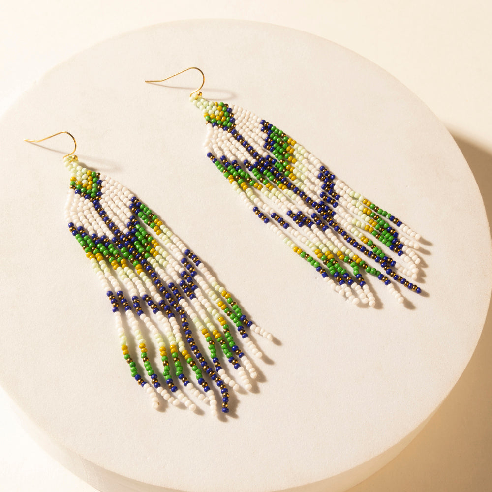 Myra Sage Sky Beaded Fringe Earrings in Cactus Crest