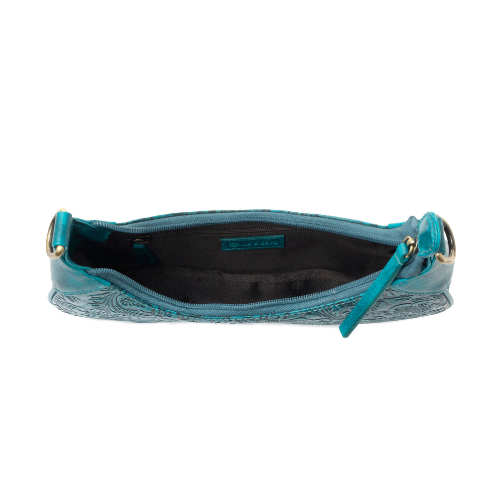 Myra Heritage Vine Embossed Leather Bag for Women in turquoise with shoulder strap