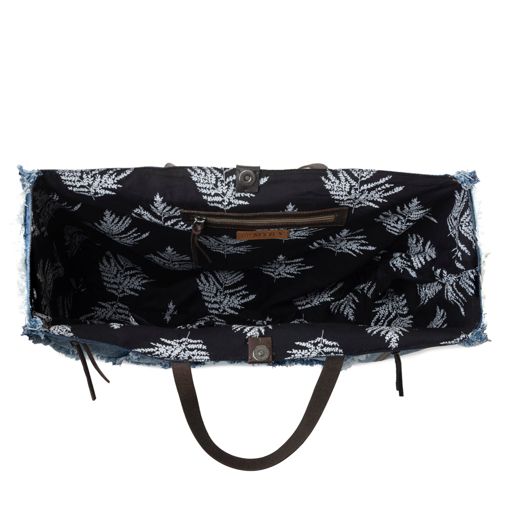 Myra Frayed Frontier Western denim Tote Bag for Women in denim blue with fringe detail