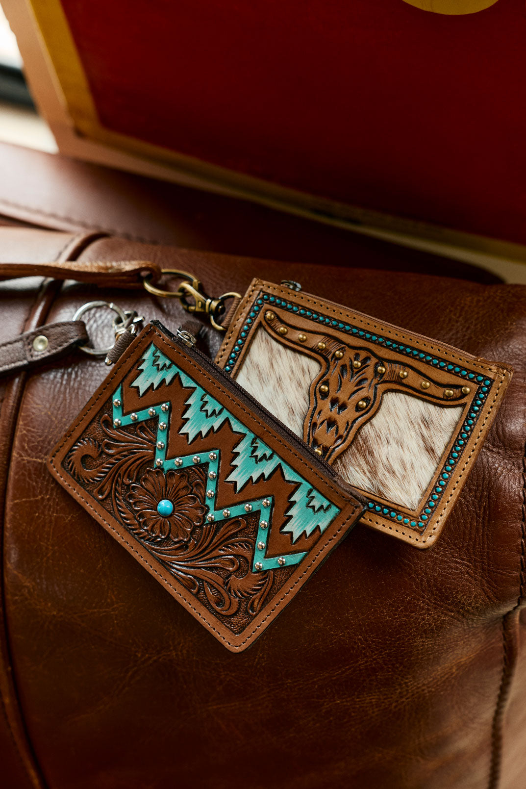 Myra Hand Hewn Western Card Holder for Women in Brown & Turquoise with handtooled detail