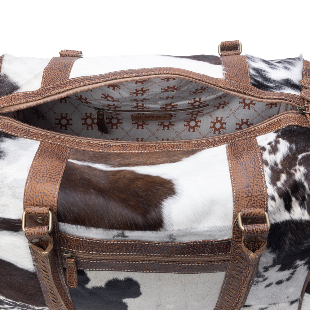 Myra Rustic Vista Handtooled Hairon Ruffle Traveller Bag in Cocoa Frost