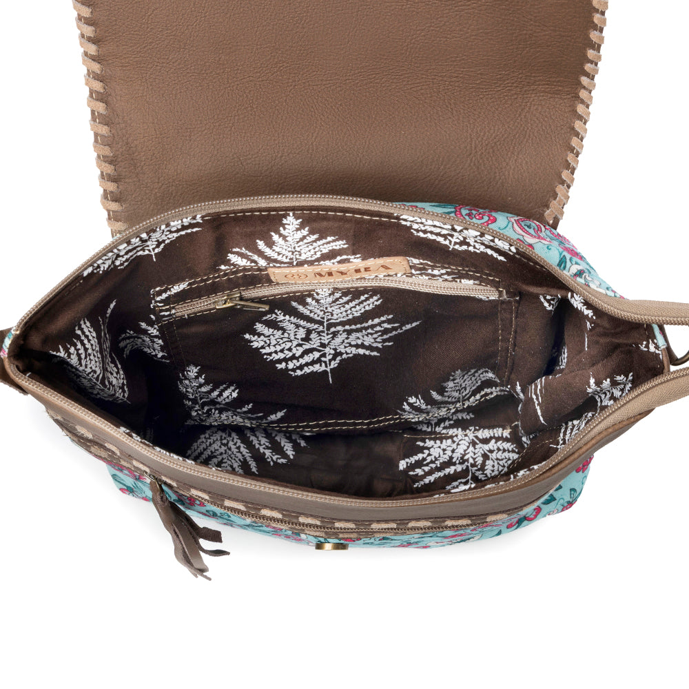 Myra Lagoon Lily upcycled canvas Bag for Women in blue with leather and weaved flap