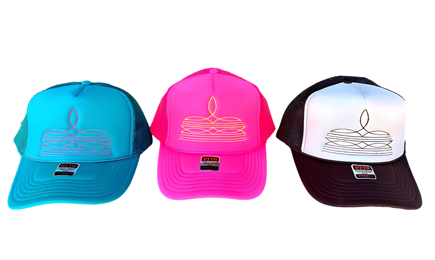 Neon Pink Boot Stitch Embroidered Trucker Hat