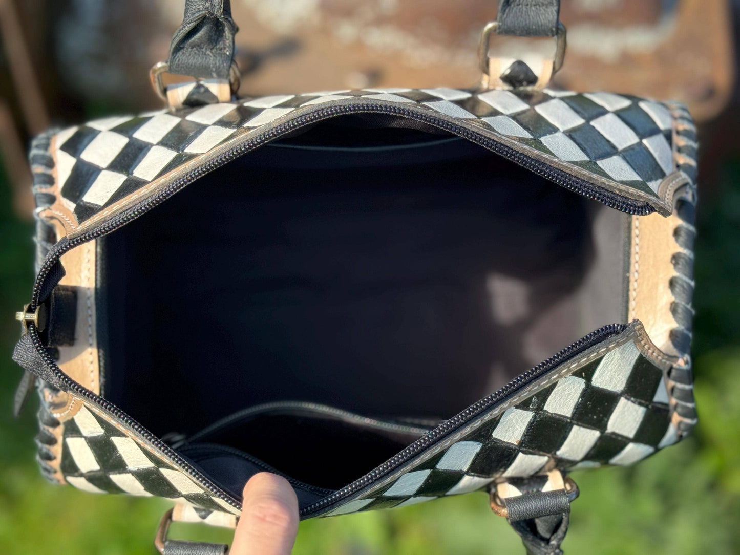 Genuine Leather Black and White Checkered Speedy Handbag