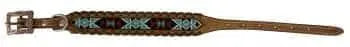 Genuine leather dog collar with teal, white, and black southwest beaded inlay design, a leather wrapped edge