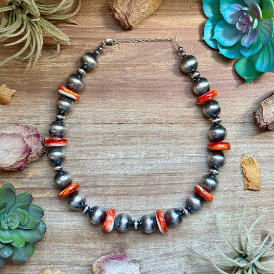 Orange Spiny Oyster & Sterling Silver Pearl Necklace