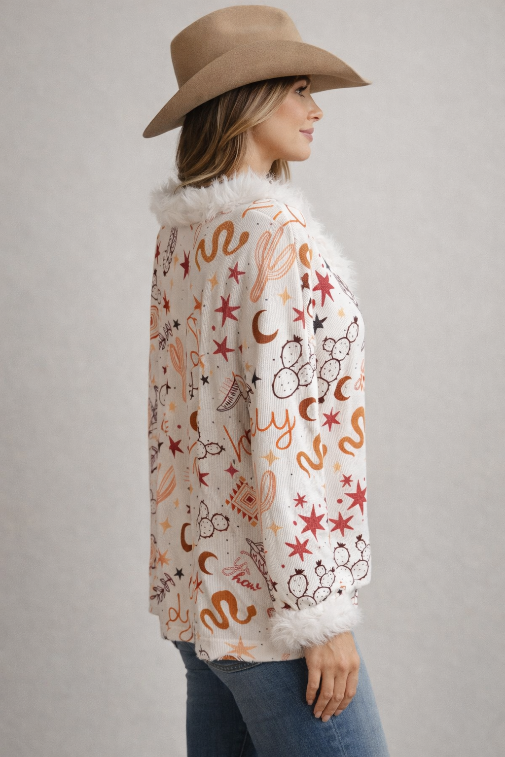 Howdy Faux Fur Trimmed Top