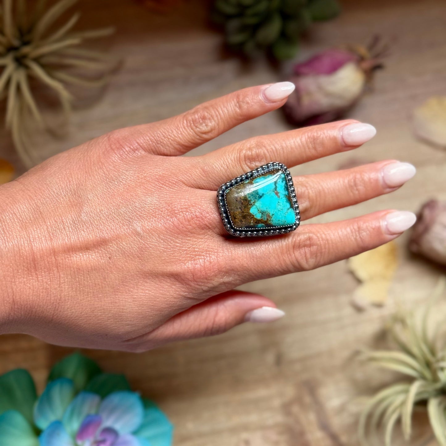 MJ Turquoise Ring – Sterling Silver Adjustable Band - Free form