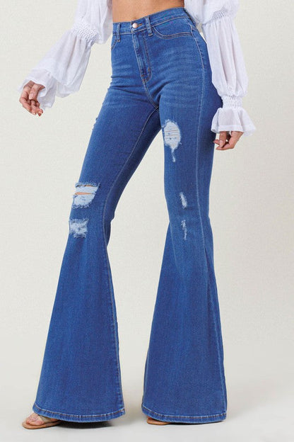 Sleek High Rise Distressed Flare Jeans - 35.5" Inseam