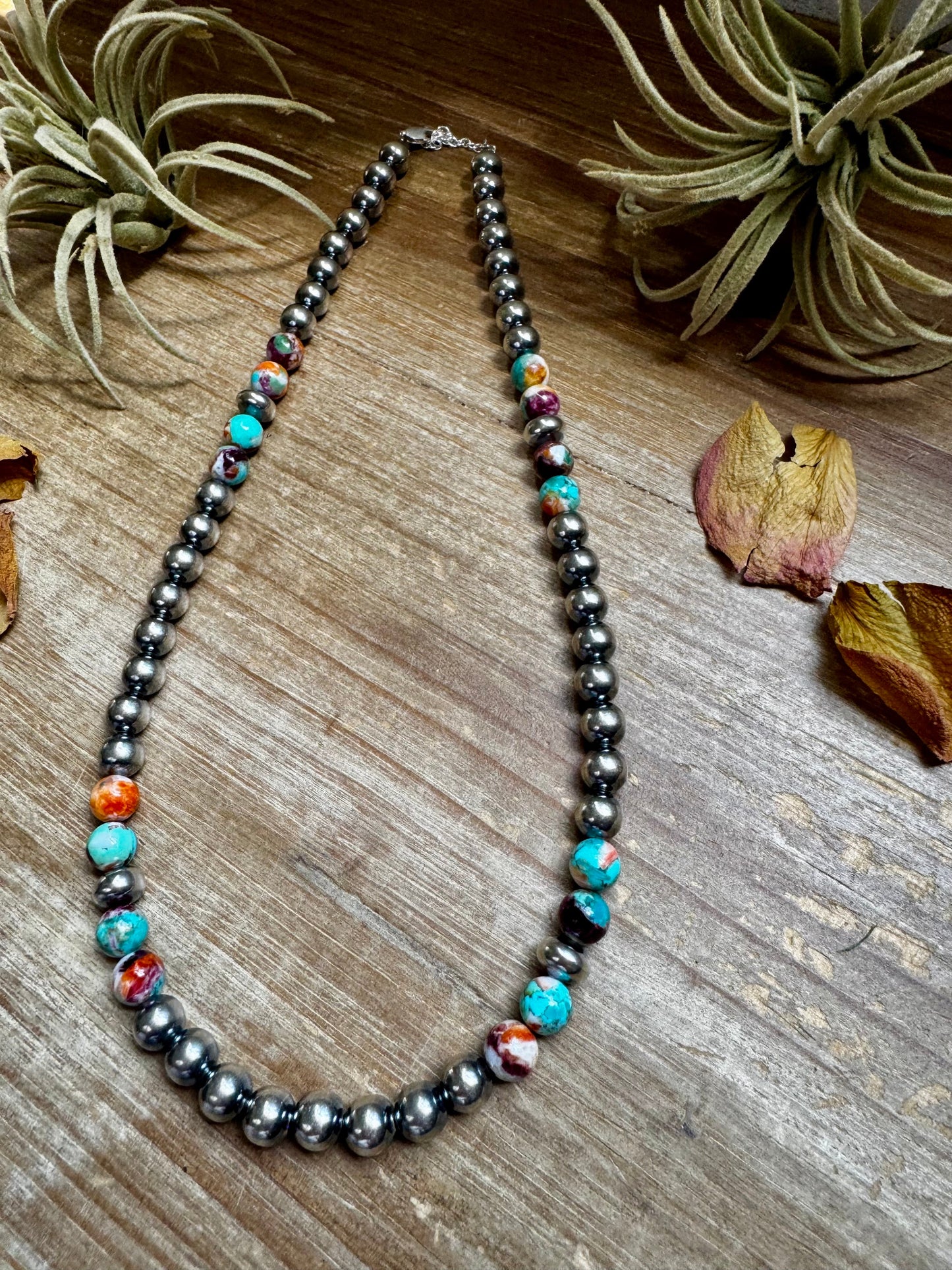 Mohave Turquoise Mix & Sterling Silver Necklace – 8 mm Beads – 19 Inch + Extender