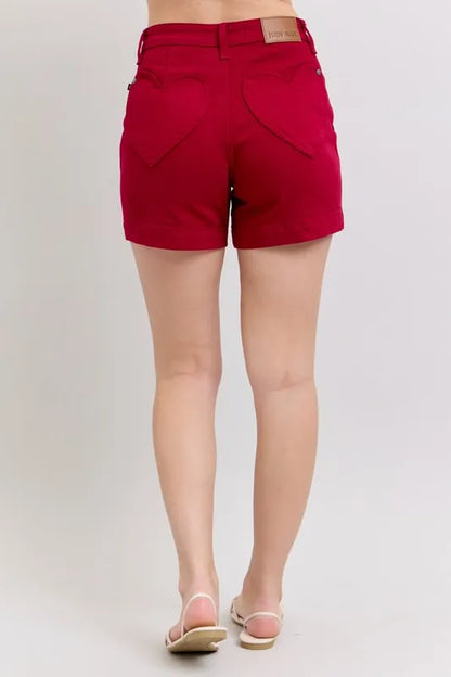 Hear Shaped Pockets -High Waist Tummy Control Garment Dyed Denim Shorts