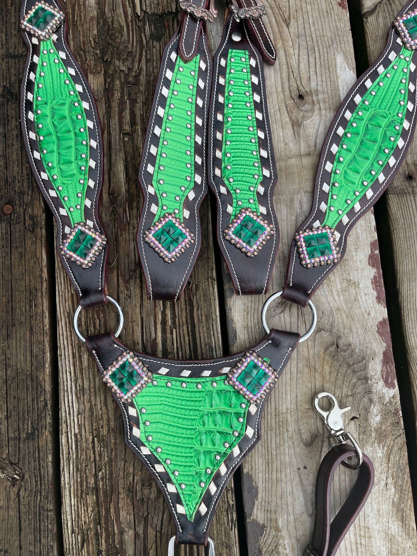 Pre Order Dark brown tack set with Lime green accent (BHT019)