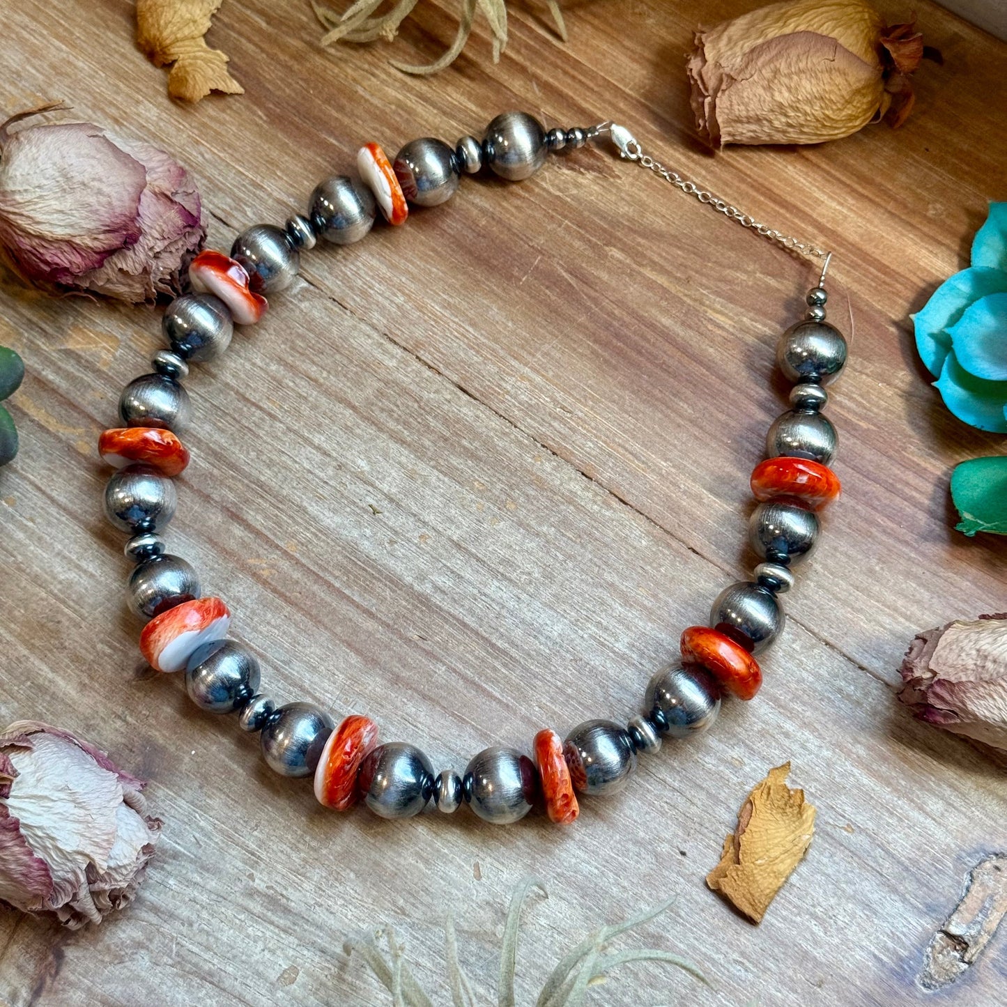 Orange Spiny Oyster & Sterling Silver Pearl Necklace