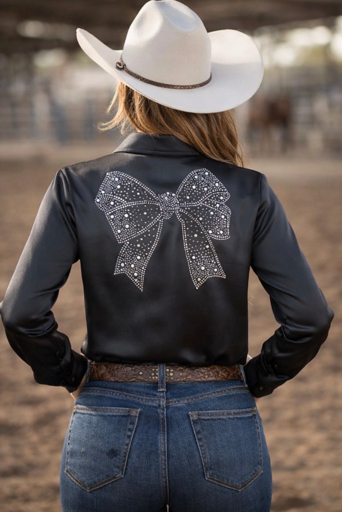 Midnight Glam Bow Button Up Rodeo Shirt -Matte Satin Blouse