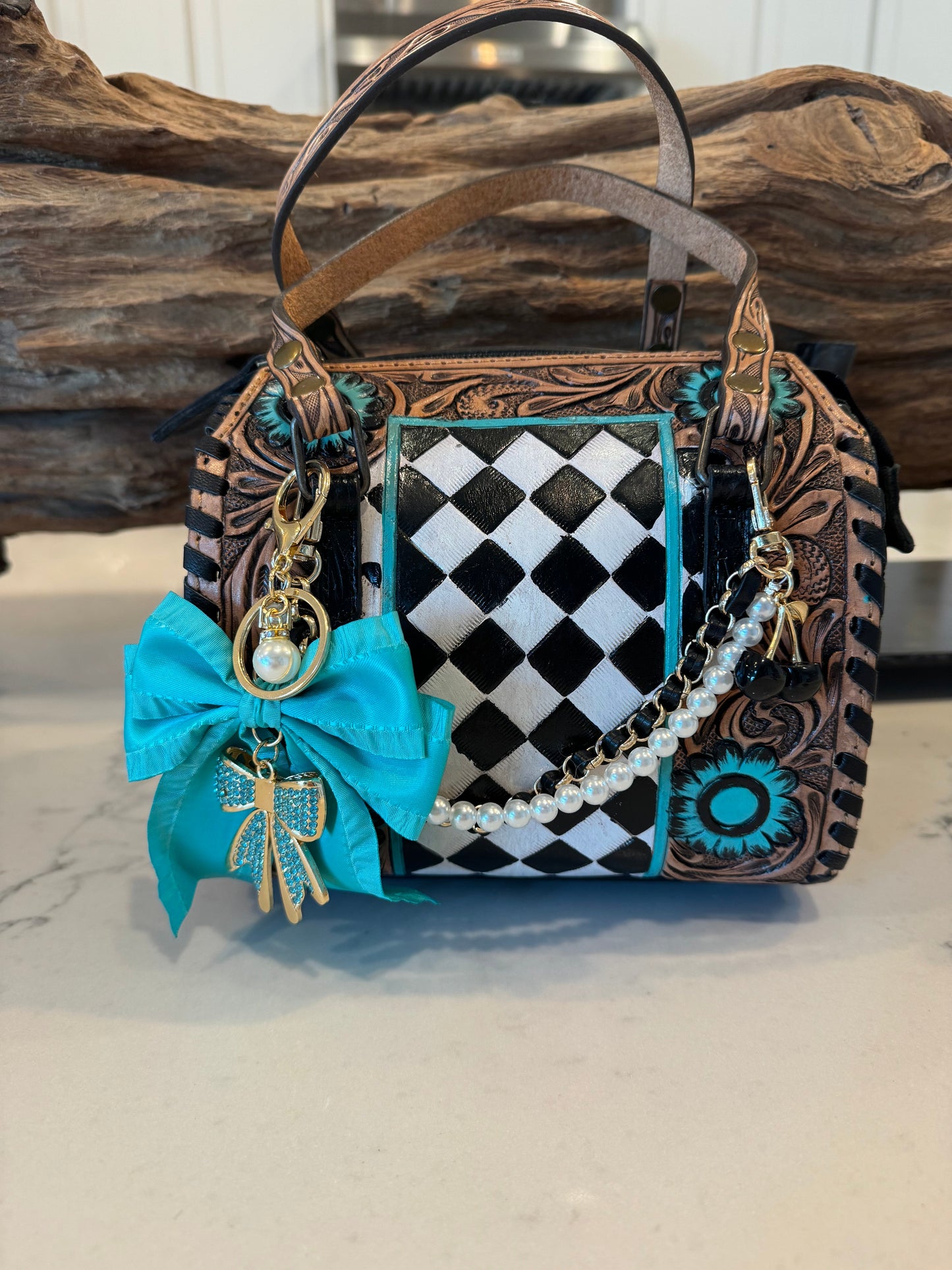 Turquoise Rodeo Royale Checkered Speedy Bag