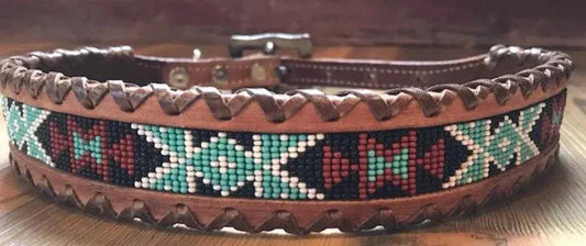 Genuine leather dog collar with teal, white, and black southwest beaded inlay design, a leather wrapped edge
