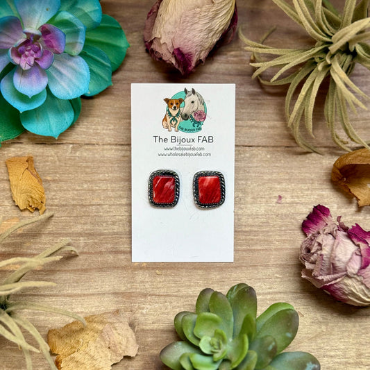 MJ Red Spiny Oyster Rectangle Stud Earrings