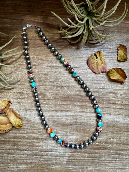 Mohave Turquoise Mix & Sterling Silver Necklace – 8 mm Beads – 19 Inch + Extender