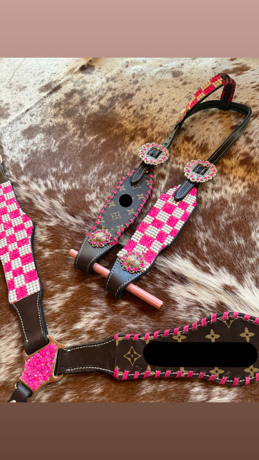 Pink W/ White Checkered Designer Tack Set