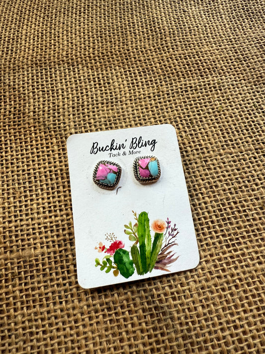 Genuine Cotton Candy Turquoise Studs Earrings With 925 Sterling Silver