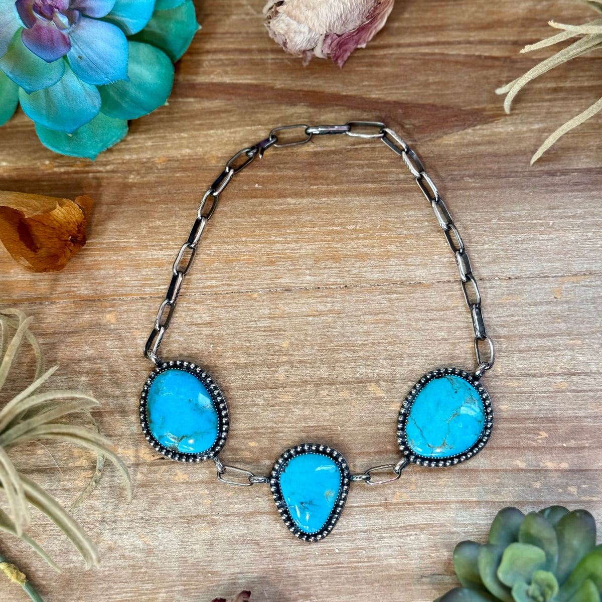 One-of-a-Kind Three-Stone Turquoise Beaded Border Choker