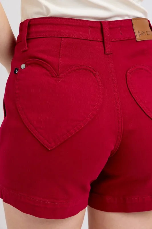 Heart Shaped Pockets -High Waist Tummy Control Garment Dyed Denim Shorts