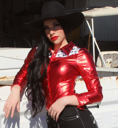 High Stakes Ruby Red Metallic Pearl Snap Rodeo Shirt