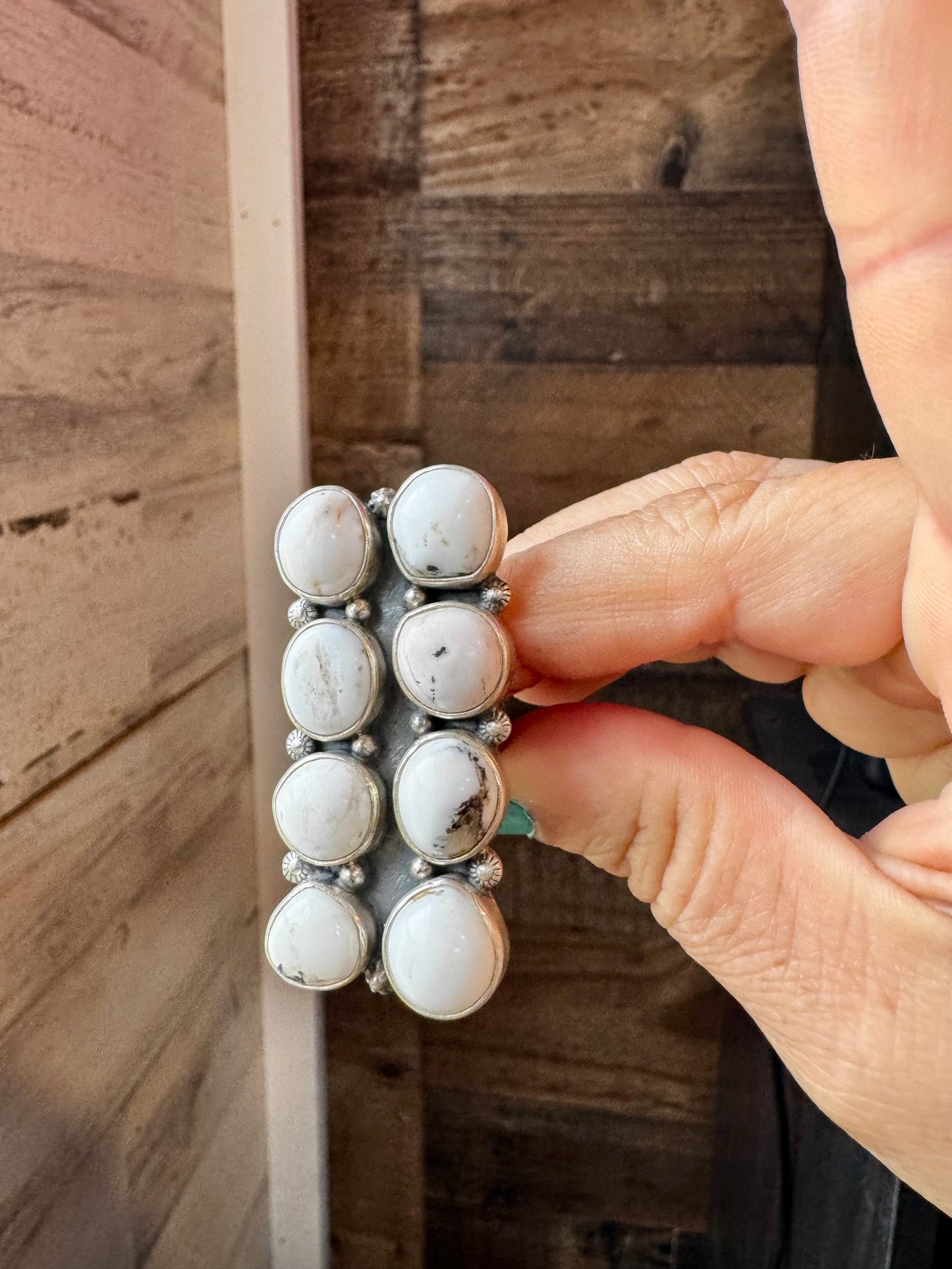 White Buffalo Turquoise Ring – 8-Stone Adjustable Long Statement Ring