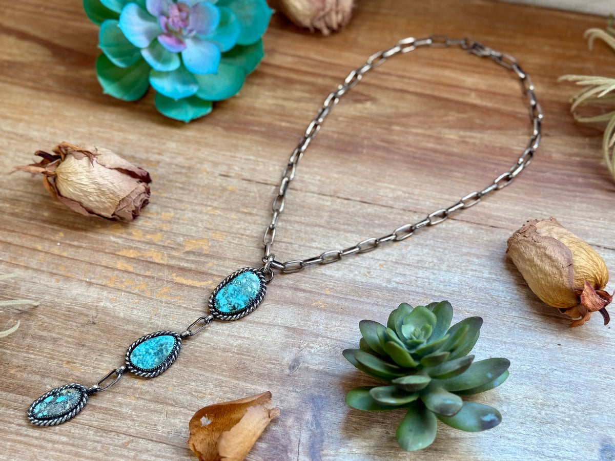 MJ 2 in 1 Three-Stone Turquoise Pendant & Handmade Paperclip Chain