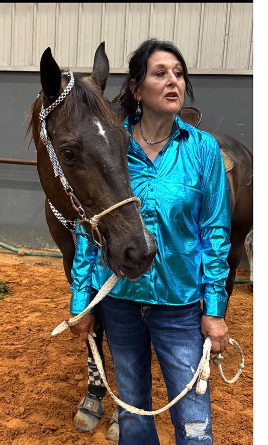 Buckin’ Bling Tack™️ Turquoise Blue Rodeo Shirt