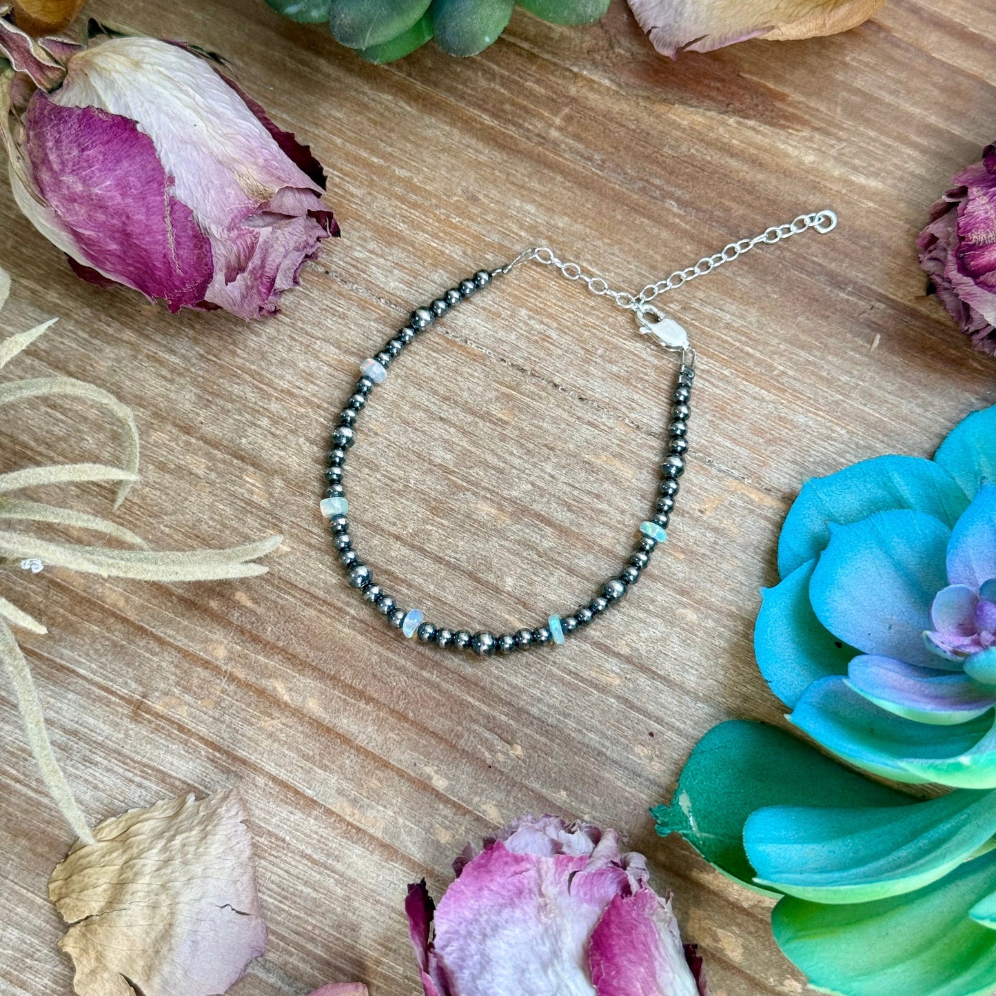 6.25” White Ethiopian Opal Bracelet – 3–4mm Sterling Silver Pearls