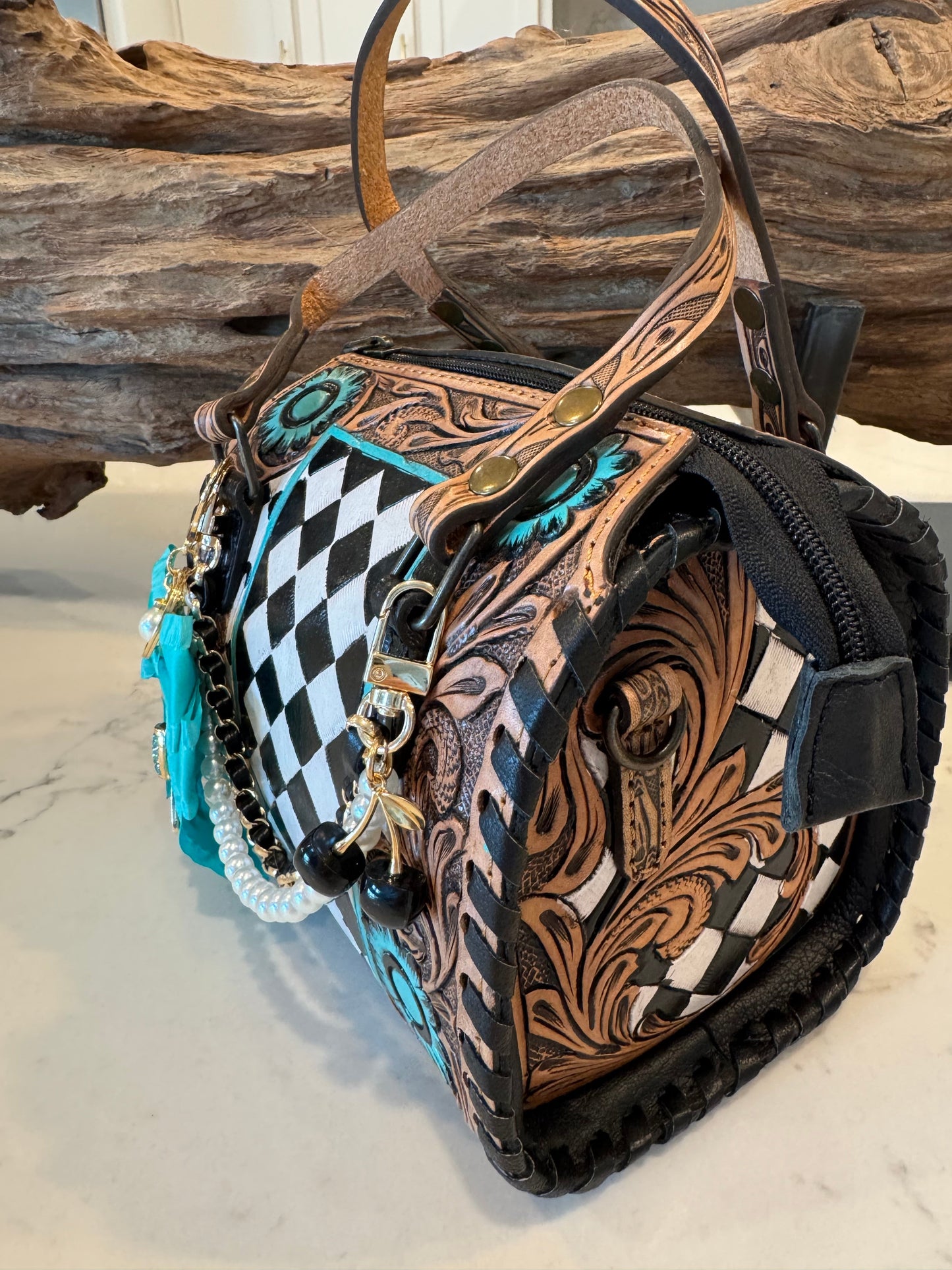 Turquoise Rodeo Royale Checkered Speedy Bag