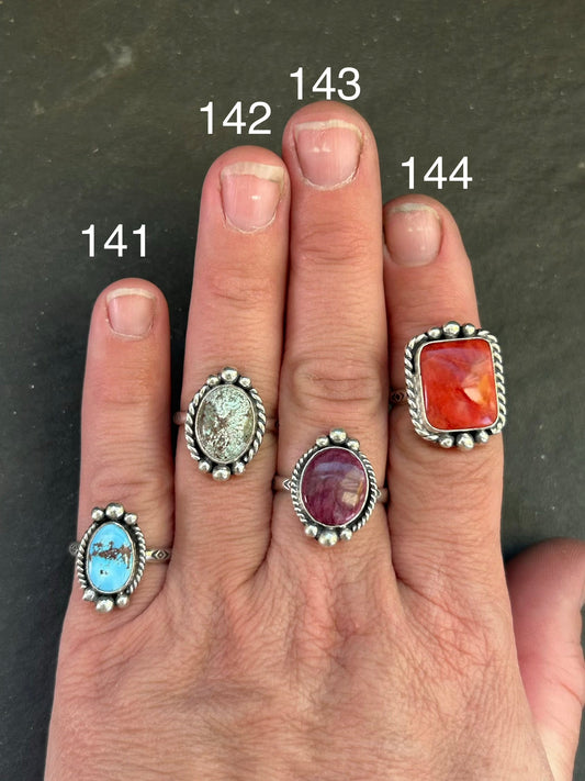 144 - Sterling Silver Red Spiny Oyster Medicine Man Eye Stamped Stacking Ring by Jason Ogg