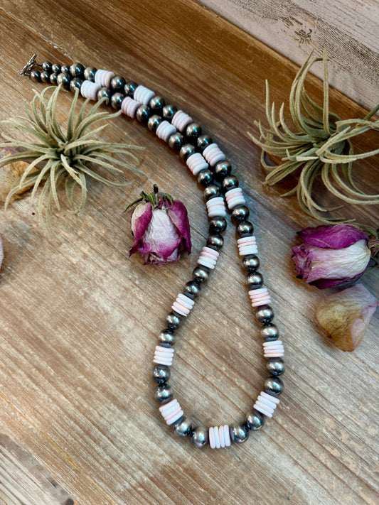 NFR Collection Necklace – 12mm Sterling Silver Pearls with 10mm Pink Conch Rondelles – Handmade by The Bijoux FAB – 30"