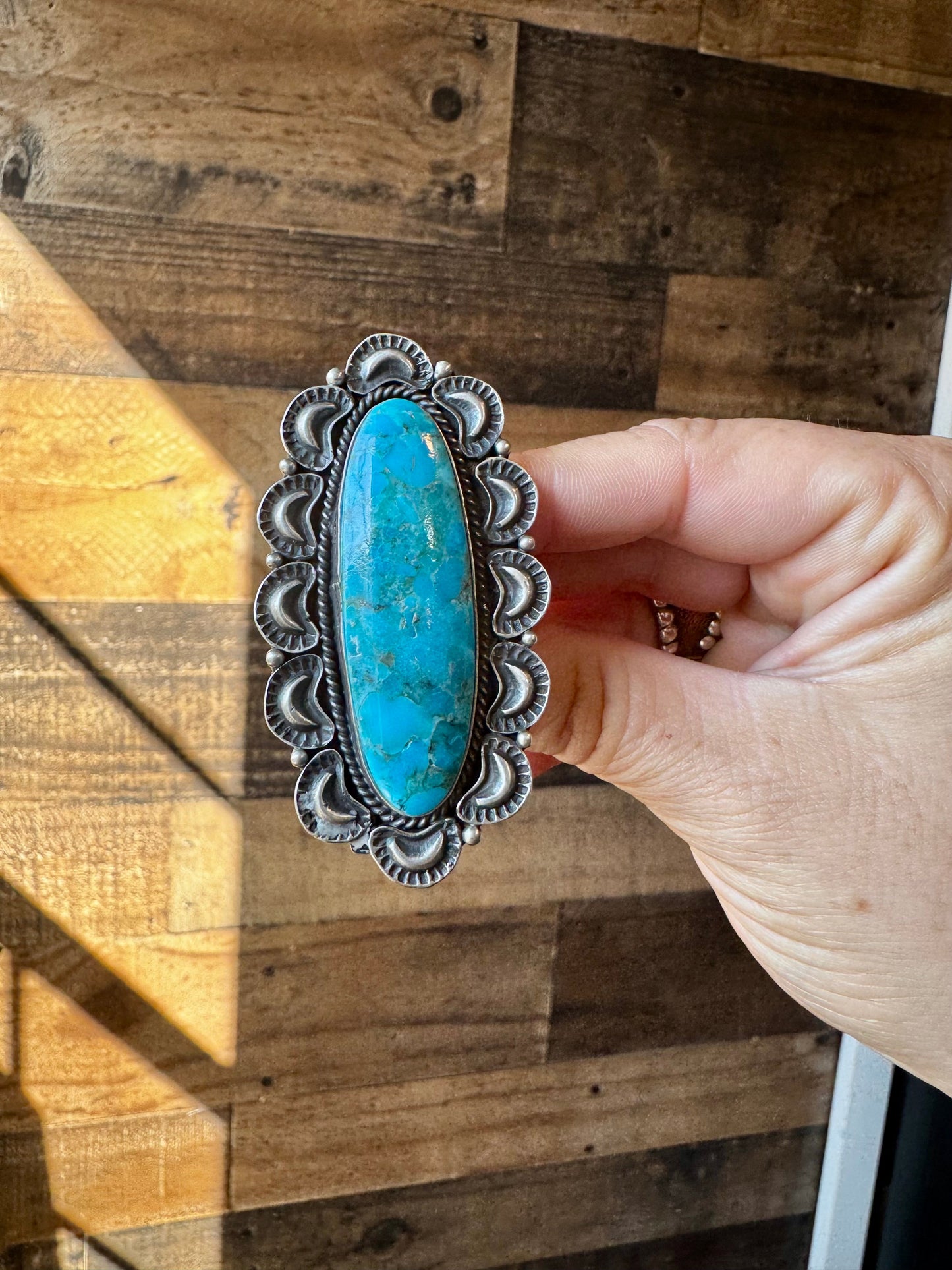 Long Ring- size 9 - Kingman Turquoise ring & Sterling Silver