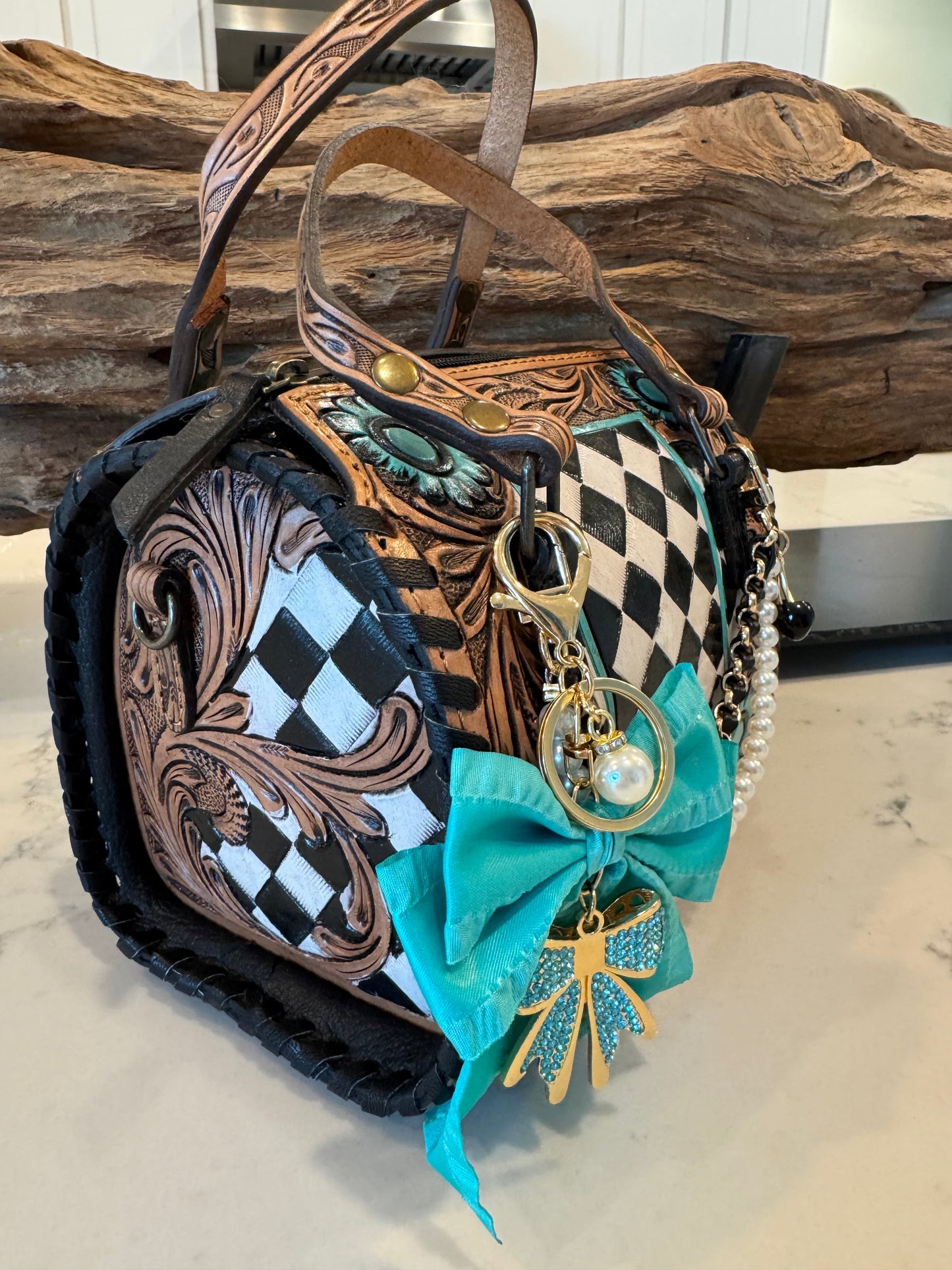 Turquoise Rodeo Royale Checkered Speedy Bag