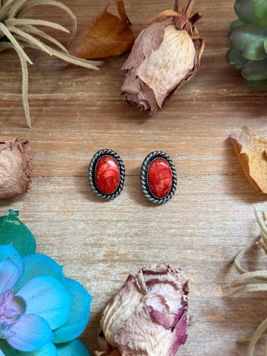 Oval Red Spiny Oyster Rope Border Stud Earrings – Option 2