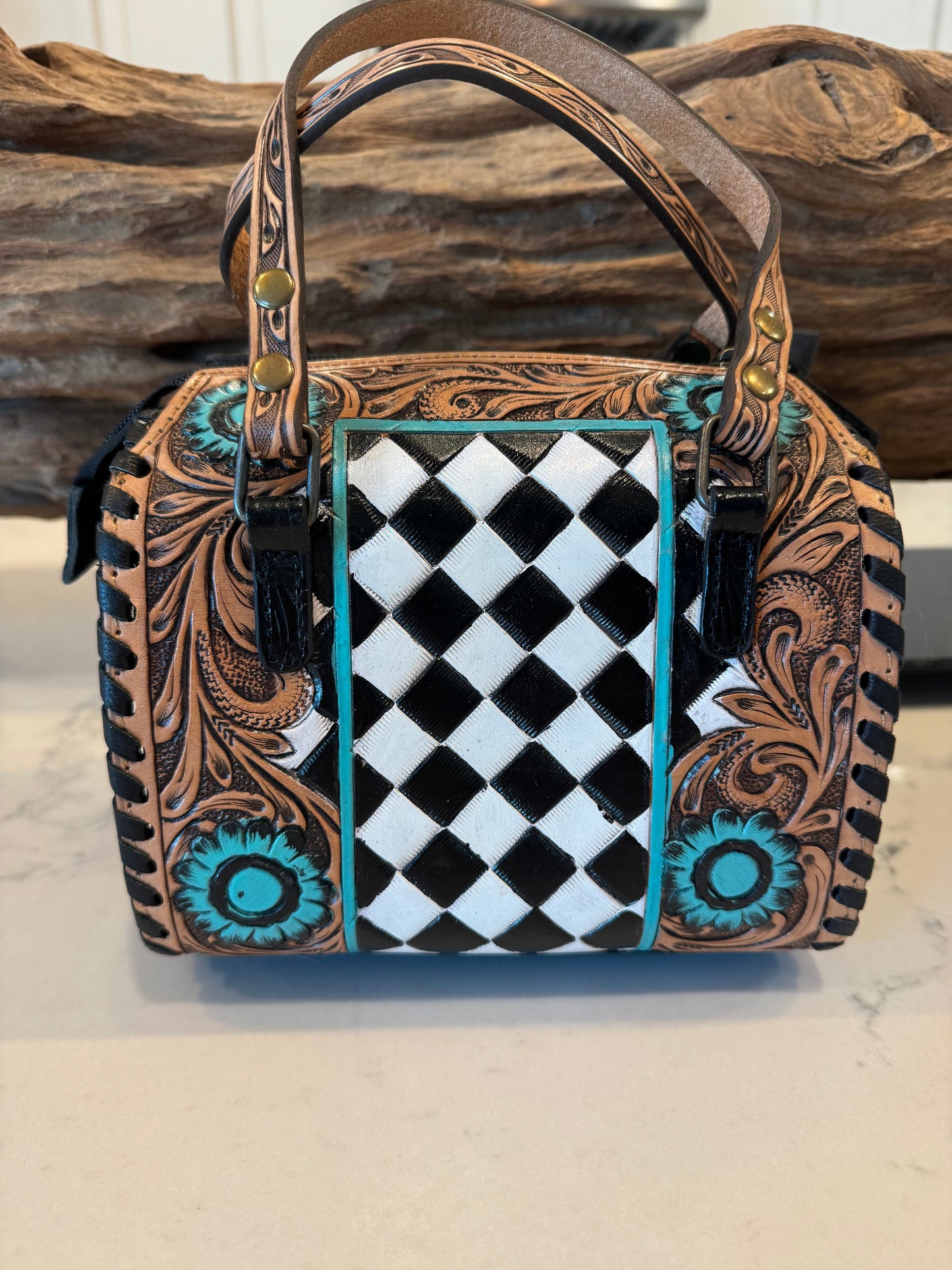 Turquoise Rodeo Royale Checkered Speedy Bag