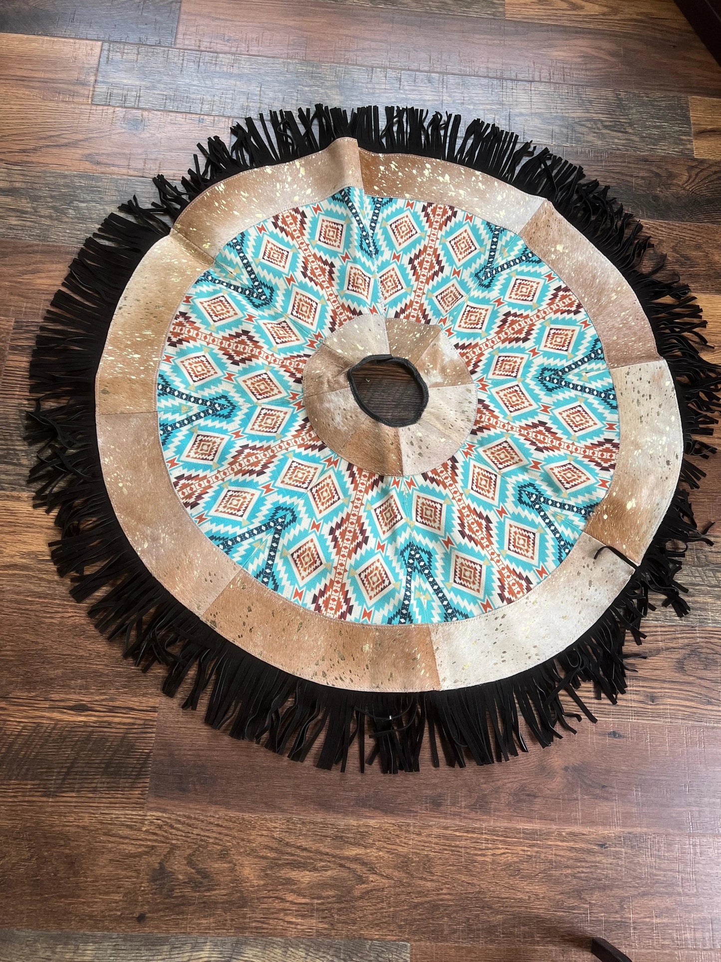Cowhide Leather Christmas Tree Skirt - Acid Wash/southwest Inlay