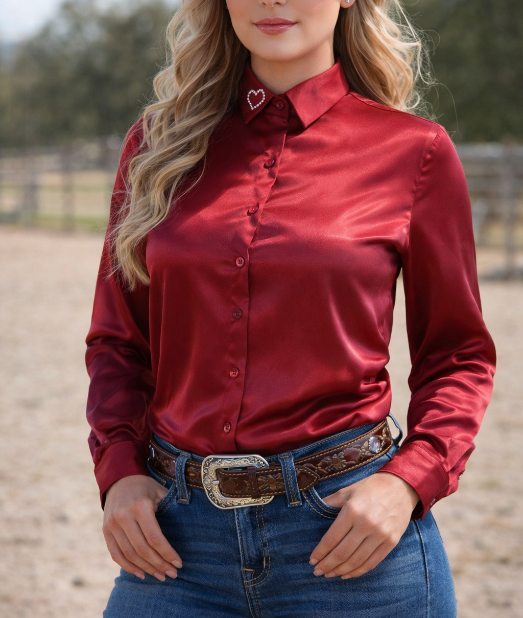 Scarlet Crystal Heart Satin Button Up Rodeo Shirt