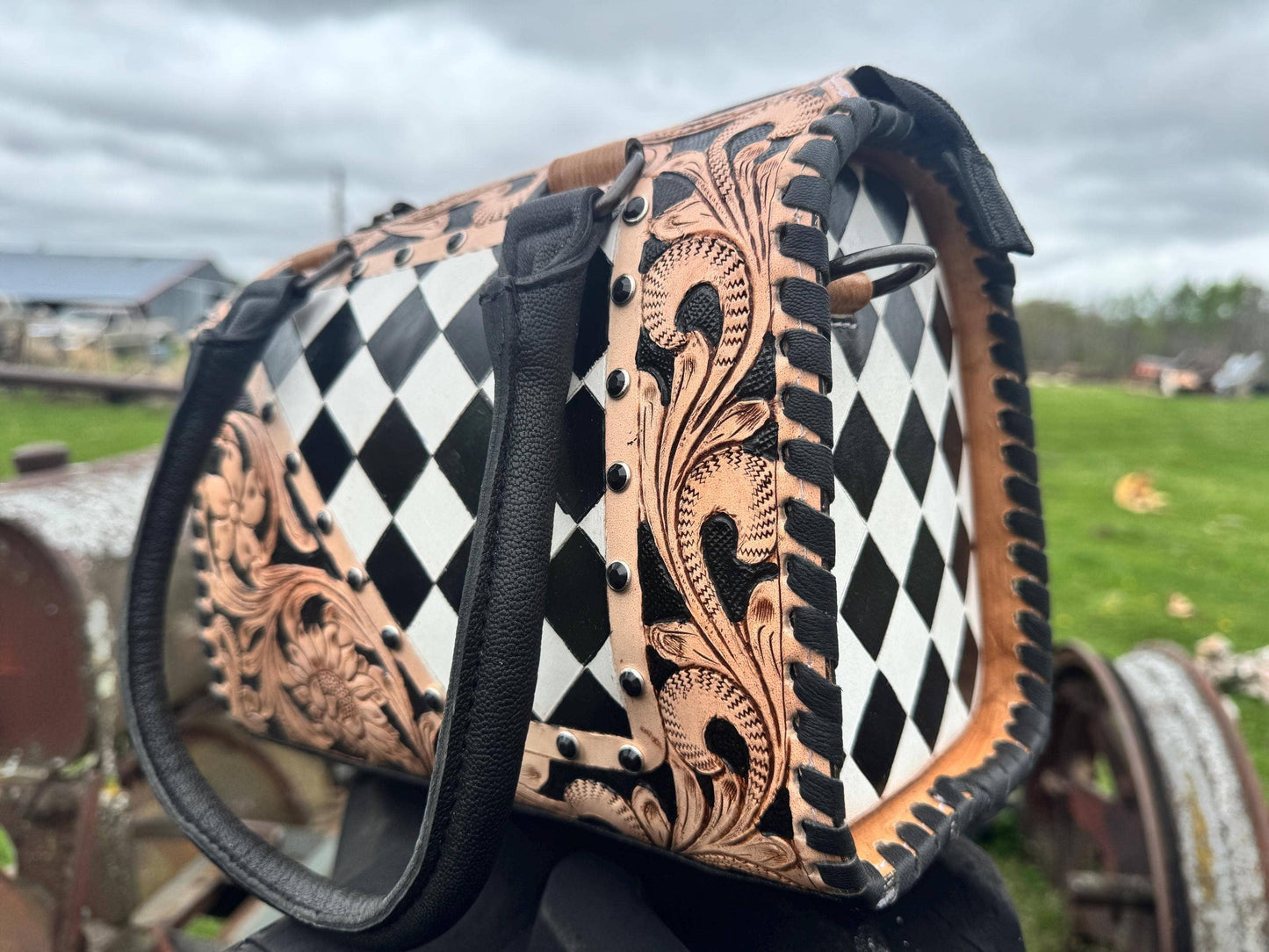 Luxe Tooled Leather Midnight Rhinestone Stud Checkered Speedy Bag