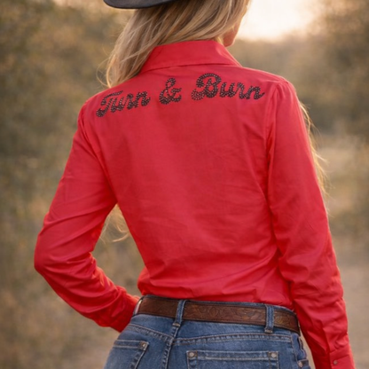 Black Crystal Turn & Burn Button-Up Rodeo Shirt -Red